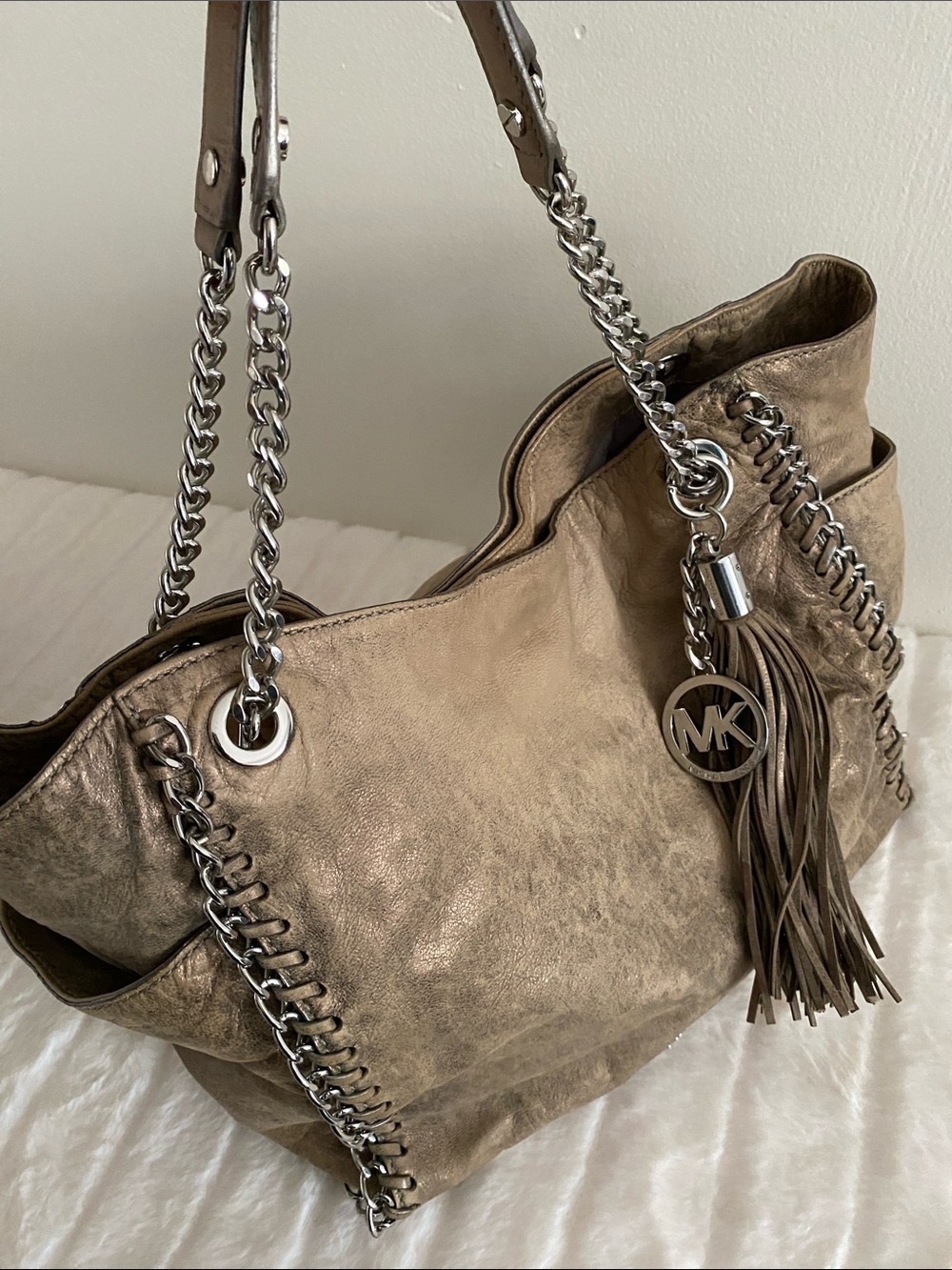 Michael Kors Chelsea Metallic Tan Whipstitch Tassel Shoulder Hobo Bag